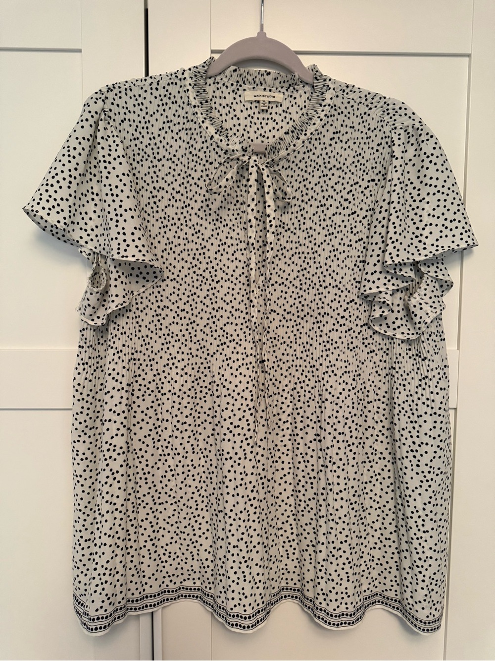 Max Studio Polka Dot Ruffle Short-Sleeve Blouse - White/Black, XL